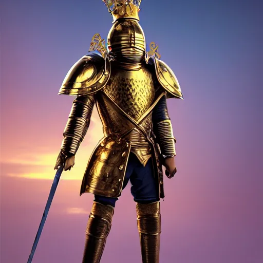 Prompt: a highly detailed knight in a T golden helmet and a golden crown with a blue diamond in the center, golden armor, leather clothes under the armor, leather gloves, holds a black sword, artstation, DeviantArt, professional, octane render, sunset lighting