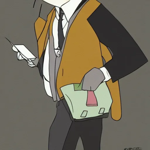 Image similar to barn owl in a black suit wearing an office bag going to the office,drawn by Hayao Miyazaki , highly detailed,anime, anime shot,anime colours, inspired by My Neighbor Totoro 1988,cell shading,volumetric dynamic lighting,anime lighting