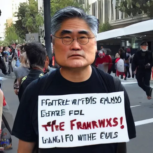 Prompt: frank chu protesting the 1 0 galaxies