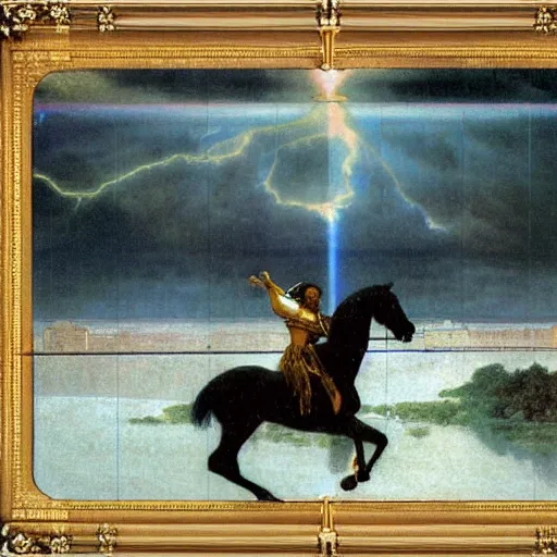 Image similar to Magician riding a horse leaving the castle through the bridge, thunderstorm, beach ocean on the background major arcana sky, by paul delaroche, alphonse mucha and arnold böcklin arnold böcklin hyperrealistic 8k, very detailed