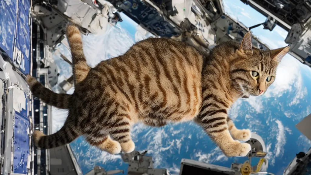 Prompt: Photo of a cat floating inside the ISS