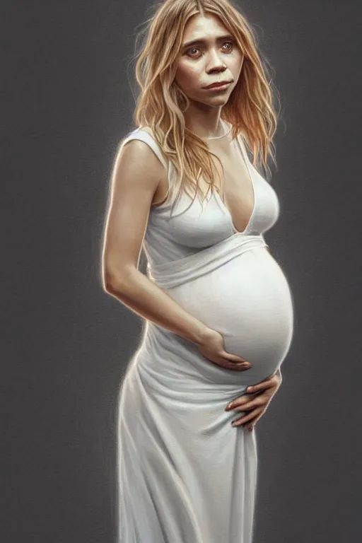 Image similar to pregnant ashley olsen in a thin white dress, realistic portrait, symmetrical, highly detailed, digital painting, artstation, concept art, smooth, sharp focus, illustration, cinematic lighting, art by artgerm and greg rutkowski and alphonse mucha