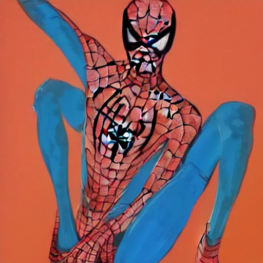 Prompt: Spiderman in orange and turquoise painted by Conrad Roset, detailed brushstrokes