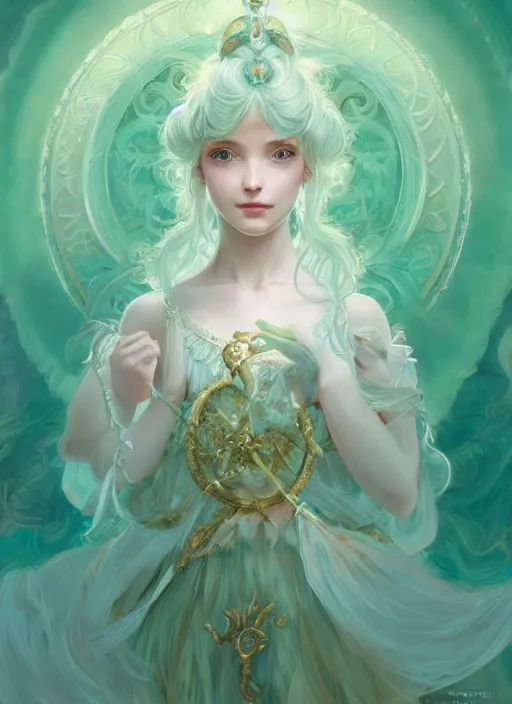 Image similar to Portrait of magical girl, dreamy and ethereal, mint green eyes, peaceful expression, ornate frilly dress, fantasy, intricate, elegant, beautiful, digital art, dynamic lighting, golden ratio, highly detailed, digital painting, trending on artstation, concept art, smooth, sharp focus, illustration, photo realistic, art by artgerm and greg rutkowski and alphonse mucha, 4K