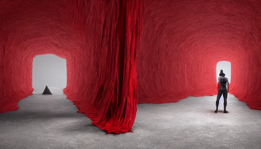 Image similar to a figure covered by red cloth that's blowing in the wind standing in a creepy tunnel with atmospheric light, digital art, concept art, cloth simulation with houdini, octane, redshift, 8 k