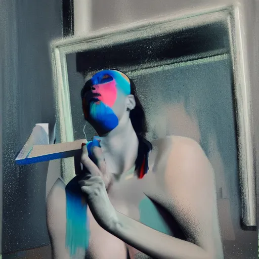 Image similar to portrait of a morphed gamer sitting on a stool looking into a mirror doing makeup by james jean and luc tuymans and beeple and hernan bas and pat steir and hilma af klint, psychological, 3 d, dripping paint, monochrome, high quality render, masterpiece