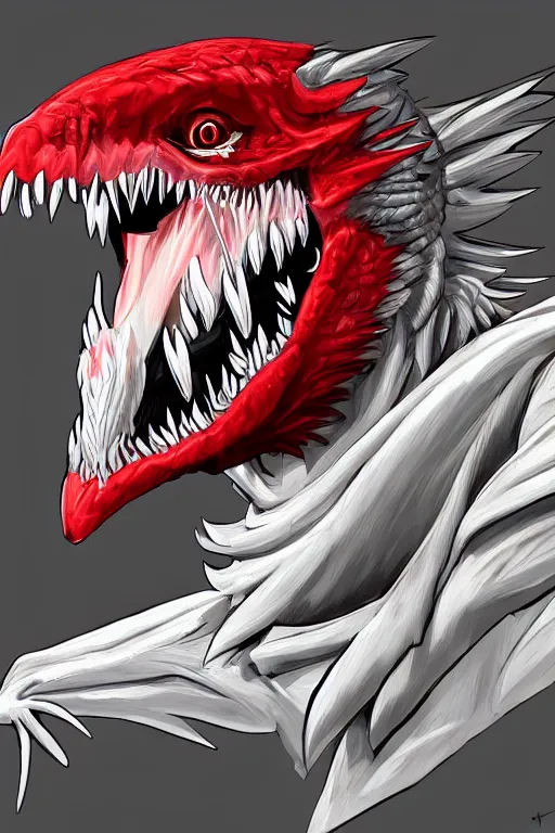 Image similar to a white raptor with red eyes, highly detailed, digital art, sharp focus, trending on art station, anime art style