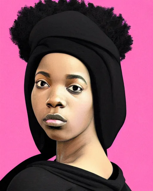 Prompt: photo-realistic portrait of a young black woman with pink hair, wearing a black hoodie, intricate details, cyberpunk, super-flat, in the style of Jean Auguste Dominique Ingres, black background