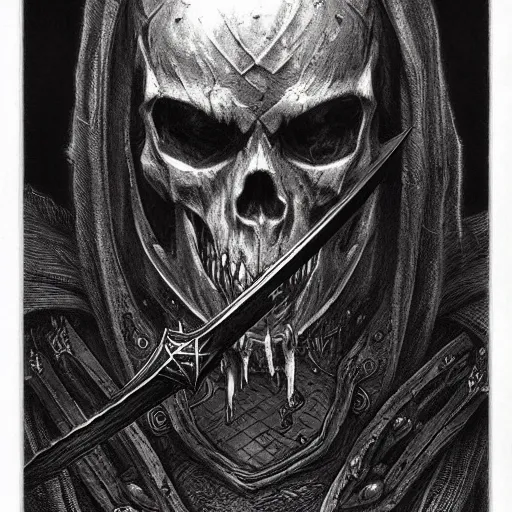 Prompt: undead warrior wearing a skull mask and wielding a battle axe, engraving, concept art, elden ring, illustration, dark fantasy, smooth, artgem, by gustave dore and greg rutkowski