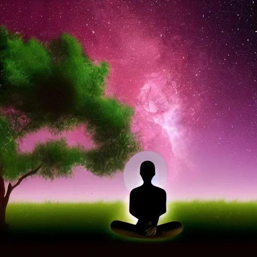 Prompt: A cyborg meditating under a tree at night, fireflies flying around him, photorealistic style