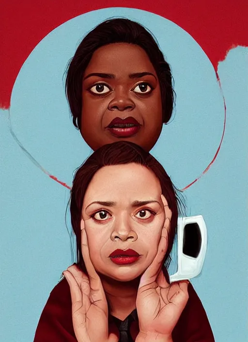 Image similar to psychological thriller I Only Have Eyes For You poster artwork the by Michael Whelan and James Jean, of Octavia Spencer has mysterious man's voice in her head telling her what to do, psychological thriller romance from scene from Twin Peaks, clean, beautifully rendered shaded but simple illustration, nostalgic, domestic, full of details