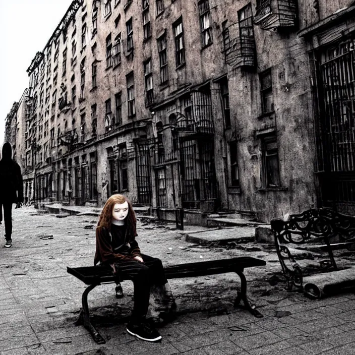 Image similar to mid shot of sadie sink in hoodie sits on bench in ruined square, pedestrians walk by | steampunk tenement windows in background : storyboard, scifi cyberpunk. by gabriel hardman. cinematic atmosphere, detailed and intricate, perfect anatomy