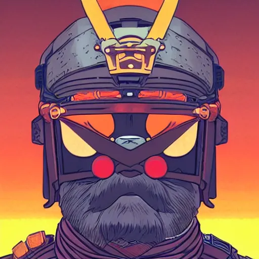 Prompt: a powerful japanese samurai wearing fire gear, detailed face, face symmetry, character concept portrait by moebius and laurie greasley, postminimalism, highly detailed, smooth, sharp focus, profile picture, 8 k, cinematic color grading