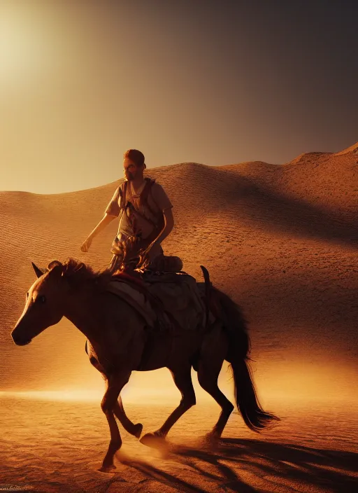 Prompt: man backpacking horse in desert, volumetric lighting, beautiful, golden hour, sharp focus, ultra detailed, cgsociety by leesha hannigan, ross tran, thierry doizon, kai carpenter, ignacio fernandez rios, noir photorealism, film