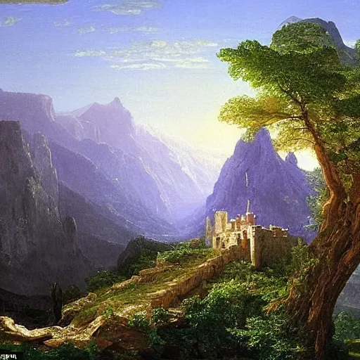 Prompt: A castle built upon a mountaintop, overlooking a large magical tree in the meadow, by Thomas Cole and Albert Bierstadt