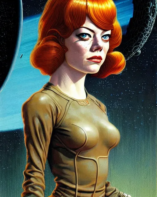 Image similar to emma stone, character portrait, portrait, close up, concept art, intricate details, highly detailed, vintage sci - fi poster, retro future, vintage sci - fi art, in the style of chris foss, rodger dean, moebius, michael whelan, and gustave dore