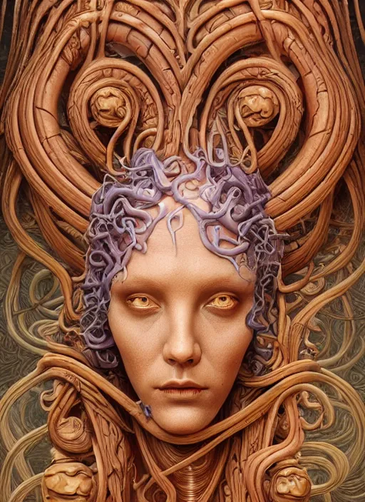 Image similar to medusa, wooden art nouveau swirls, strong subsurface scattering, cables, biomechanical, in the style of james jean and tomasz alen kopera, mystical colors, rim light, soft lighting, 8 k, stunning scene, raytracing, octane render, trending on artstation