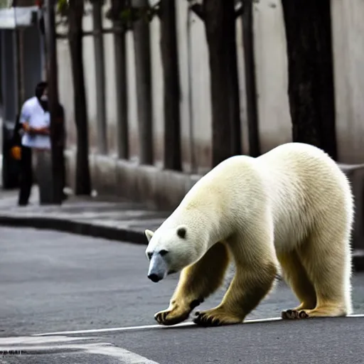 Prompt: a polar bear walking through the streets of rio de janeiro. photo. award - winning photography.