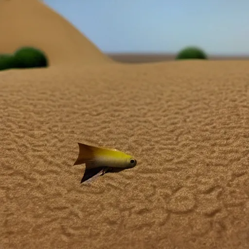 Prompt: miniature desert fish with a sandstorm in the background