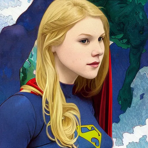 Image similar to Erin Moriarty as SuperGirl, highly detailed, digital painting, artstation, concept art, smooth, sharp focus, illustration, ArtStation, art by artgerm and greg rutkowski and alphonse mucha and J. C. Leyendecker and Edmund Blair Leighton and Katsuhiro Otomo and Geof Darrow and Phil hale and Ashley wood and Ilya repin and Charlie Bowater