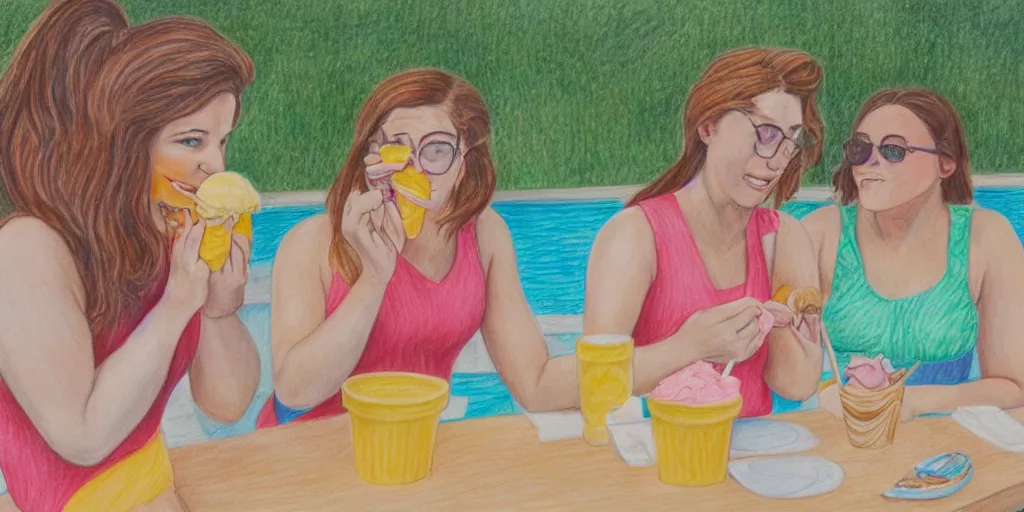 Prompt: colored pencil drawing of two women eating ice cream at the pool, one has two scoops of rainbow sherbet and the other has a huge waffle cone of vanilla