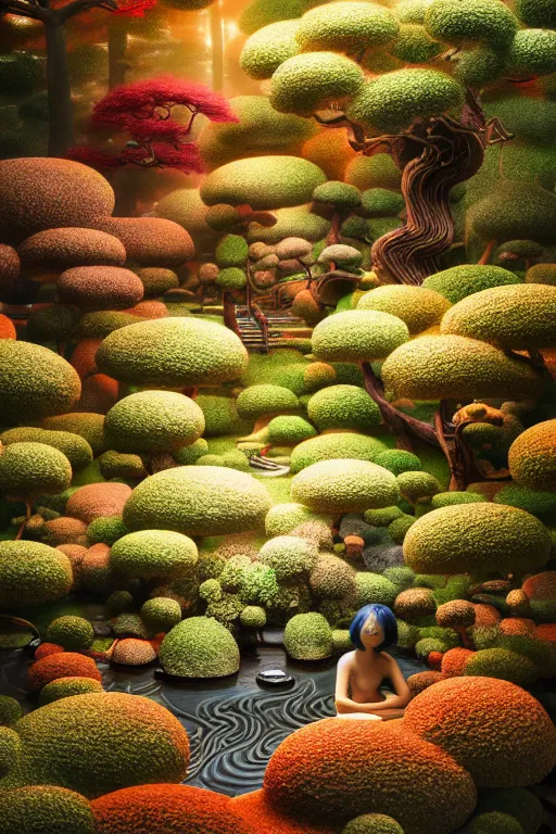 Prompt: japanese psychedelic garden, part by robert beatty, part by james jean, part by ross tran, part by jacek yerka, part by leslie zhang, surreal, highly detailed, beautiful detailed intricate insanely detailed octane render trending on artstation, 8 k artistic photography, photorealistic, volumetric cinematic light, chiaroscuro