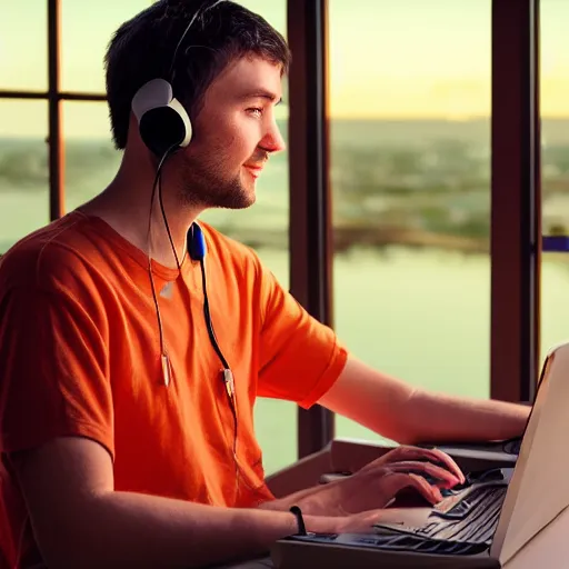 Image similar to friendly avatar computer programmer working late at night sunset outside window headphones terminal