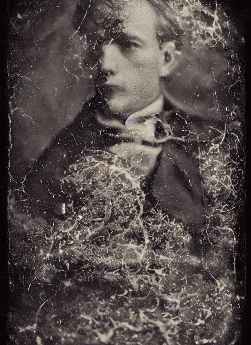 Image similar to old wetplate daguerreotype portrait with crackled skin, explosion of data fragments, fractal, intricate, elegant, highly detailed, parallax, leica, medium format, subsurface scattering, by jheronimus bosch and greg rutkowski and louis jacques mande daguerre