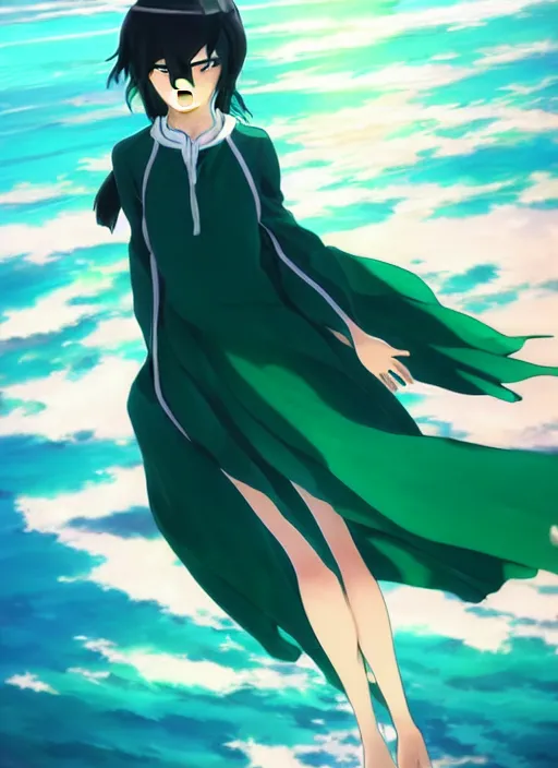 Prompt: makoto shinkai, ilya kuvshinov, beautiful anime woman with green dress, very long blue hair, water powers water swirling, symmetrical face, symmetrical eyes, detailed, beach setting, cinematic lighting