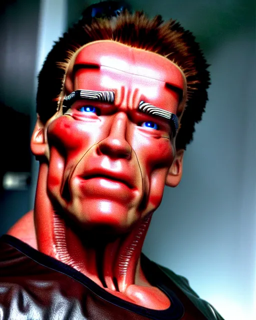 Image similar to arnold schwarzenegger as a damaged t - 1 0 0 terminator, one red robotic eye, photo