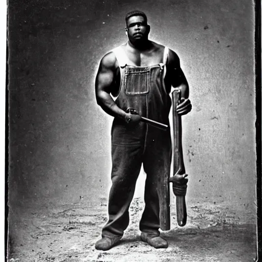 Prompt: Photo of a large muscular African American man wearing overalls and holding a 20 pound spike maul, 1860 photograph