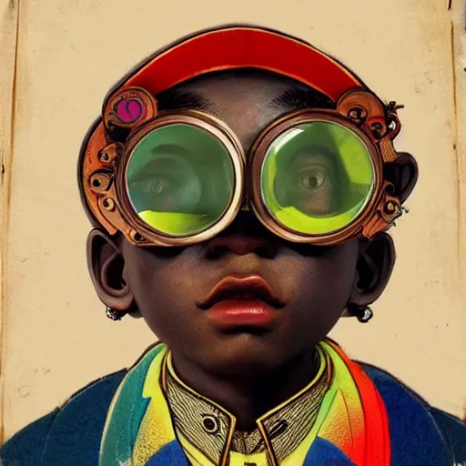 Image similar to colourful claymation upper half - portrait - art of a nigerian boy wearing steam punk goggles, art by utagawa kunisada & james jean, symmetrical, intricate detail, concept art, volumetric light, global illumination, ray tracing, claymation, sharp, pinterest, behance, art station,