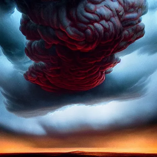 Prompt: dark red cumulonimbus clouds, in style of Doom, in style of Midjourney, insanely detailed and intricate, golden ratio, elegant, ornate, unfathomable horror, elite, ominous, haunting, matte painting, cinematic, cgsociety, Andreas Marschall, James jean, Noah Bradley, Darius Zawadzki, vivid and vibrant