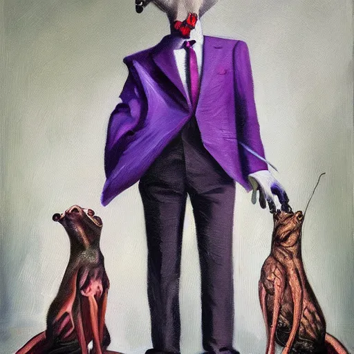 Image similar to Portrait of a psychotic crossbreed between a rabid dog and a toad, in a purple suit, oil painting