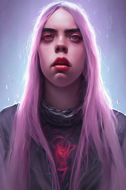 Image similar to portrait of billie eilish with a scaly skin and biotechnical parts and neon light by Artgerm and Greg Rutkowski , digital painting, highly detailed, trending on artstation