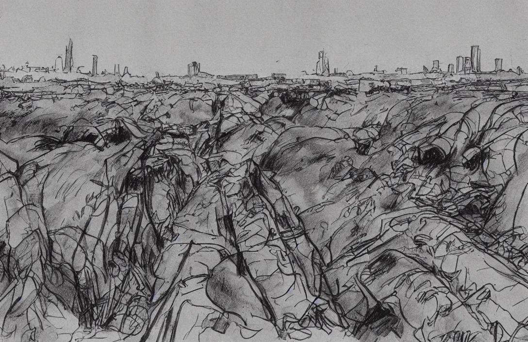 Image similar to milt kahl sketch of world war 1 trenches with the city of miami in the background