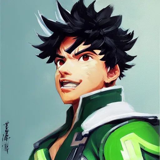 Image similar to greg manchess portrait painting of izuku midoriya as overwatch character, medium shot, asymmetrical, profile picture, organic painting, sunny day, matte painting, bold shapes, hard edges, street art, trending on artstation, by huang guangjian and gil elvgren and sachin teng