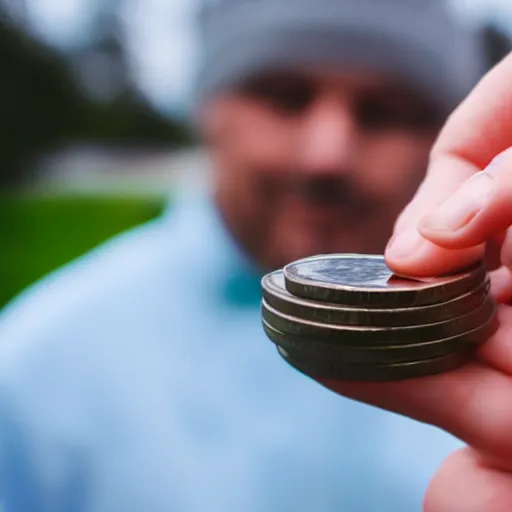 Prompt: photograph of man tossing a penny, wife in background, DSLR Photograph