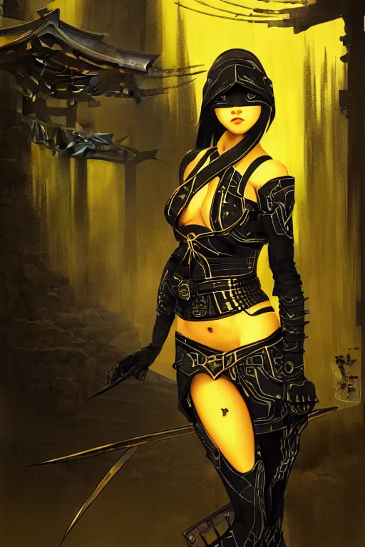 Prompt: portrait Ninja gaiden girl, armored black and yellow ninja wardrobe, in ruin japanese temple rainny night, ssci-fi and fantasy, intricate and very very beautiful and elegant, highly detailed, digital painting, artstation, concept art, smooth and sharp focus, illustration, art by tian zi and WLOP and alphonse mucha