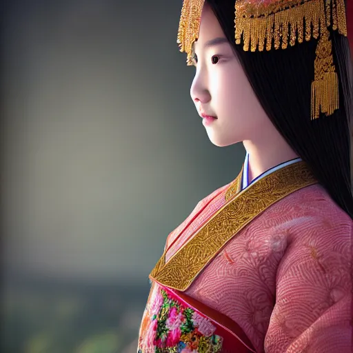 Image similar to young chinese princess with traditional clothes, medium shot, intricate details, octane, unreal engine, ultra - realism, photorealism, photorealistic, 4 k, 8 k, 1 6 k