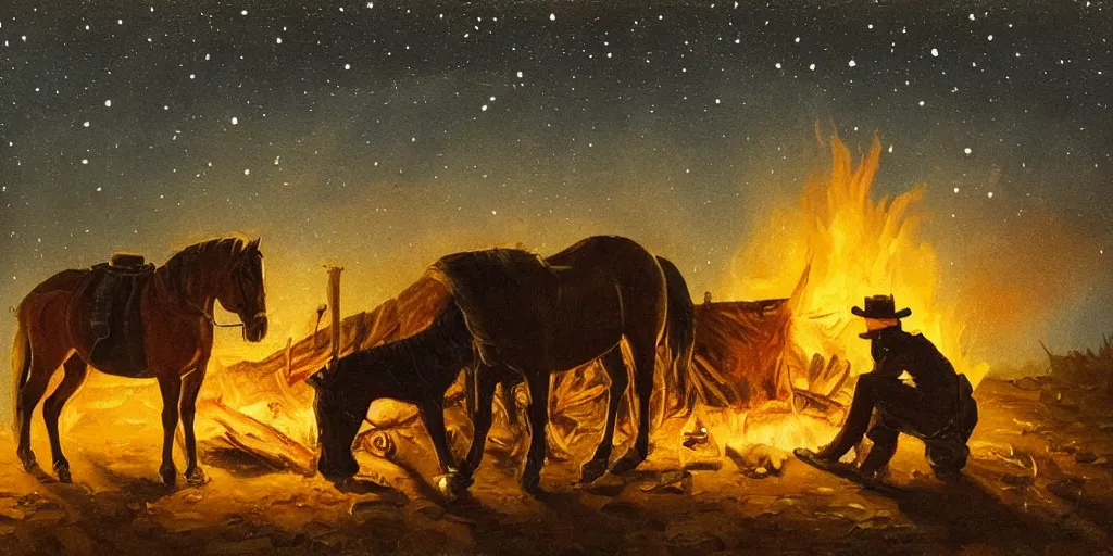 Prompt: in the old west, at a campfire at night, close up portrait of one sleeping bandit ( ( alone ) and wide shot of one teenager ( ( alone ) ) watches the stars and his horse grazes, in the style of fredrick remington, oil painting, warm color palate, astral