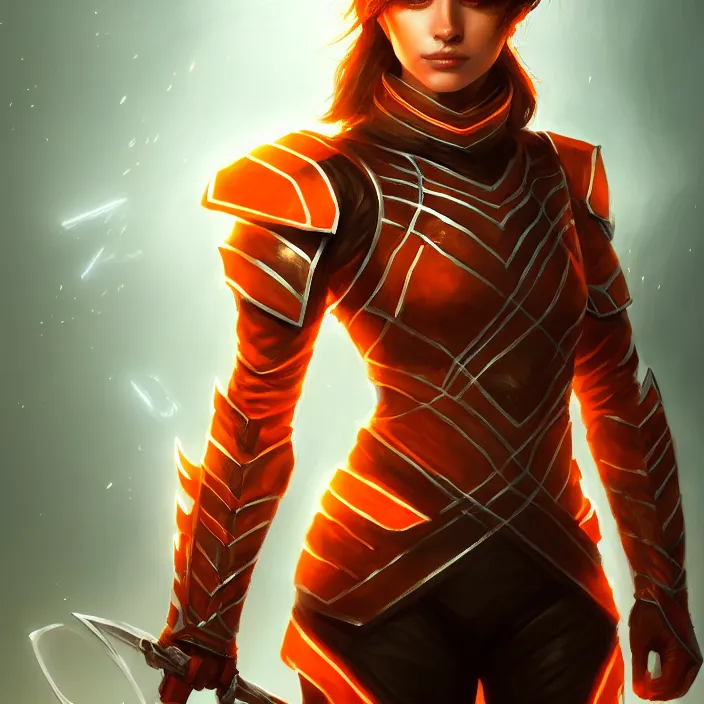 Image similar to masterpiece portrait of a d & d ranger with her quantum armor, orange and white, volumetric lighting, fantasy, intricate, elegant, lifelike, photorealistic, artstation, concept art, sharp focus, magic the gathering art