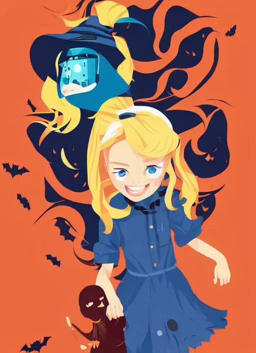 Image similar to little girl, toddler, with long blonde hair on halloween. clean cel shaded vector art. shutterstock. behance hd by lois van baarle, artgerm, helen huang, by makoto shinkai and ilya kuvshinov, rossdraws, illustration, art by ilya kuvshinov