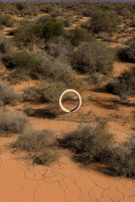 Prompt: a circular time portal in the desert through which an ancient jungle is visible