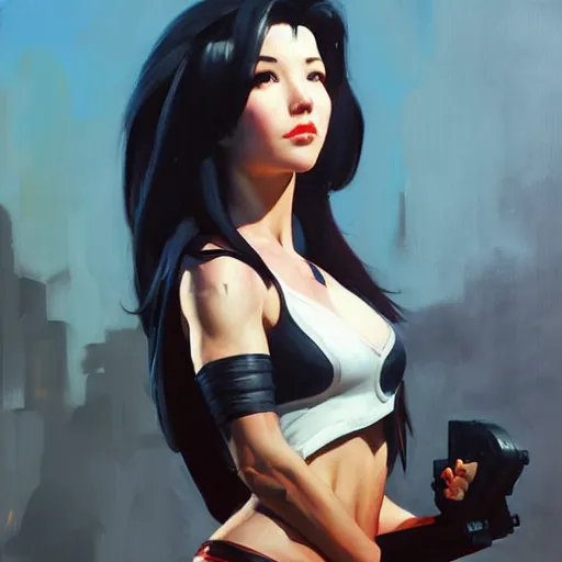 Prompt: Greg Manchess portrait painting o Tifa Lockheart as Overwatch character, medium shot, asymmetrical, profile picture, Organic Painting, sunny day, Matte Painting, bold shapes, hard edges, street art, trending on artstation, by Huang Guangjian and Gil Elvgren and Sachin Teng