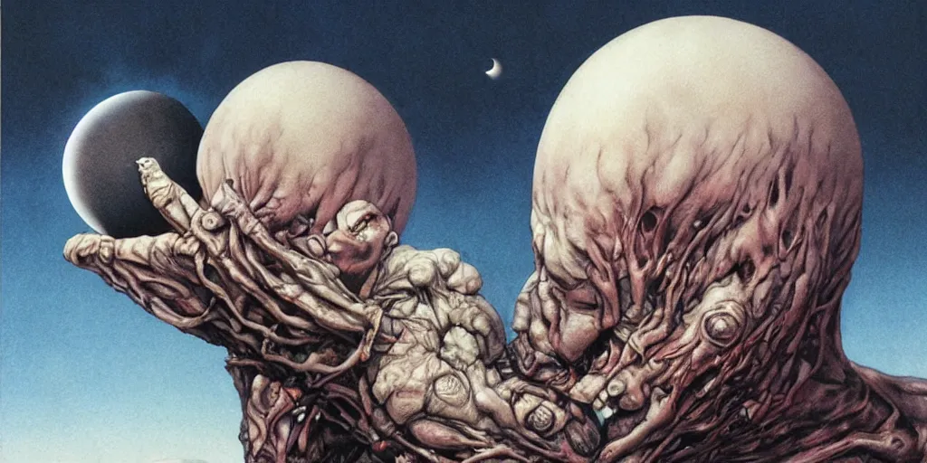 Image similar to griffith holding behelit during the eclipse from berserk, creepy, melting, since, horror, art by wayne barlowe, giger, artgerm