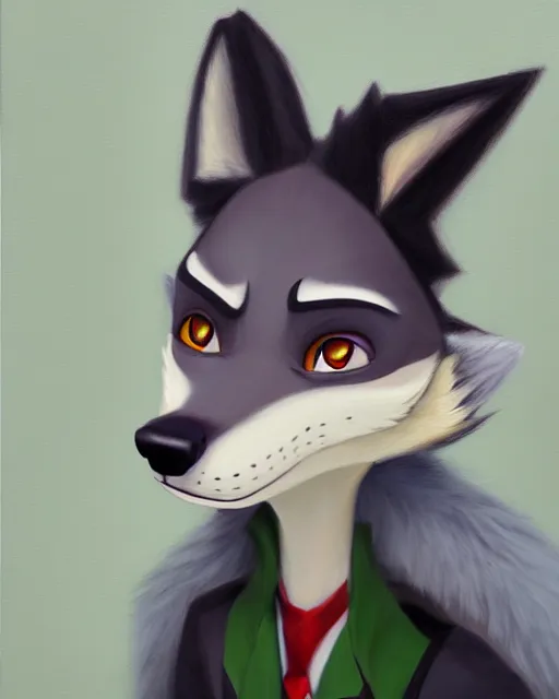 Image similar to oil painting of anthromorphic female wolf, in style of cory loftis, fursona, furry, furaffinity, 4 k, deviantart, furry art, fursona art, wearing black business suit, business suit, in style of zootopia, wolf fursona, cyberpunk, female, very very very expressive detailed feminine face,