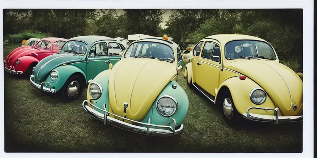 Image similar to polaroid photo of volkswagen beetles, vintage colors, slight color bleed