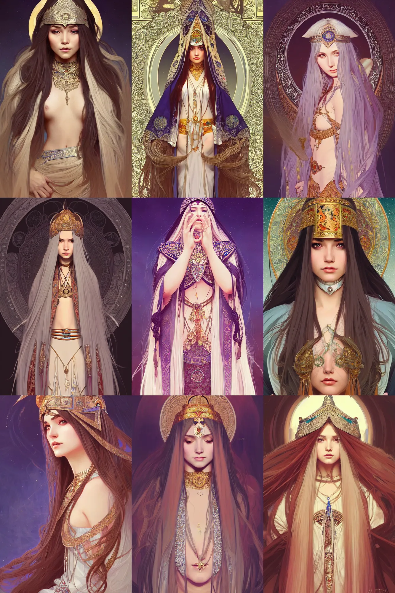 Prompt: A beautiful female priestess with long silver hair in traditional garbs, highly detailed, digital painting, artstation, concept art, smooth, sharp focus, illustration, art by artgerm and alphonse mucha, high definition digital art, in the style of Ross tran and ilya kuvshinov