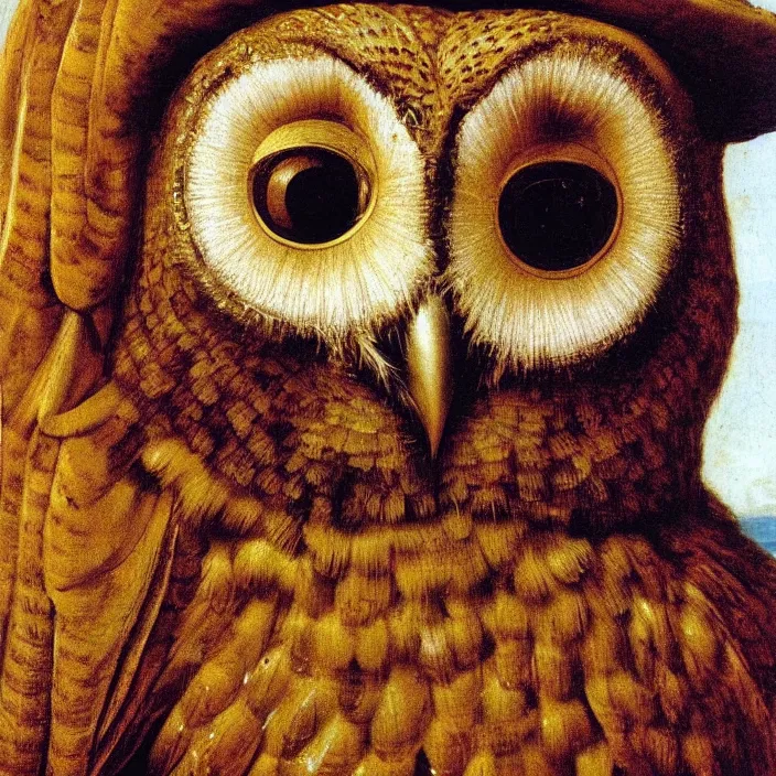 Image similar to close up portrait of the owl king. jan van eyck